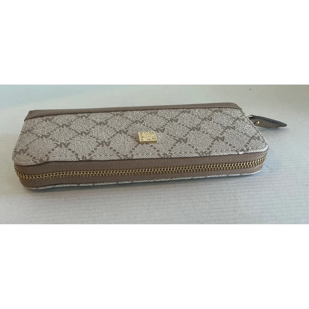Anne Klein Monogram Zip Around Wallet Taupe Beige Logo Gold Tone Lion Large Slim